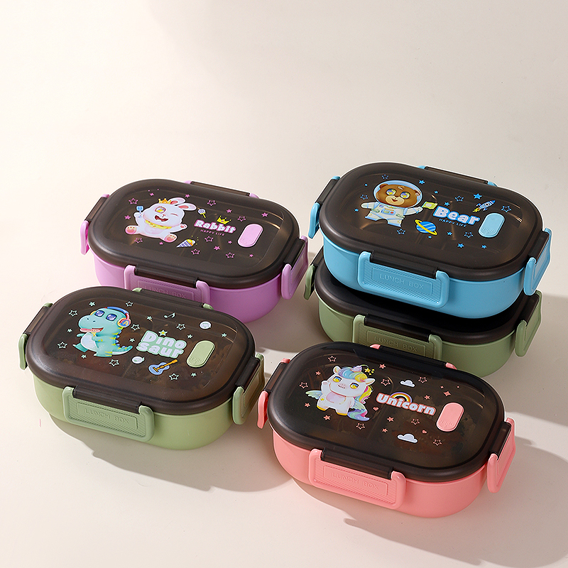 卡通黑盖双格饭盒